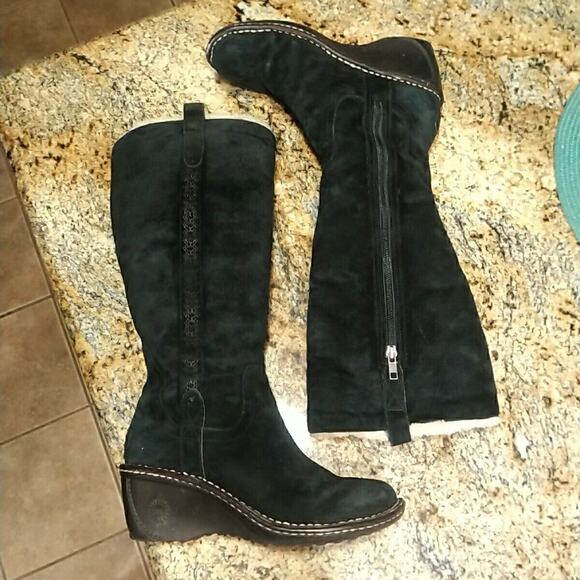 UGG Hartley Knee High Boots Black Suede & Sheep Skin Wedge S/N 3342 Size 7 M - Picture 2 of 12